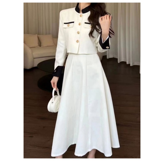 (SẴN) Set váy áo dạ tweed dài tay mùa thu màu trắng đen T25
