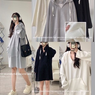 Váy nỉ hoodie chất gân tăm mềm dáng váy suông oversize dài tay có mũ 3 màu xinh xỉu