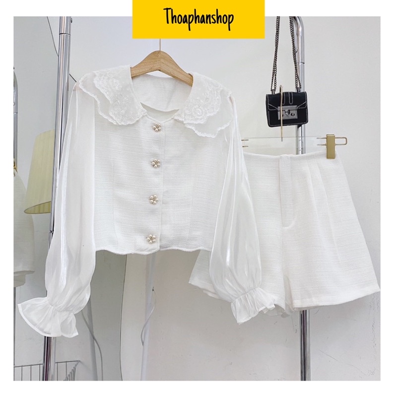 SET ÁO CROPTOP CỔ BÈO TAY DÀI + SHORT DẠ TRẮNG [kèm ảnh thật ]