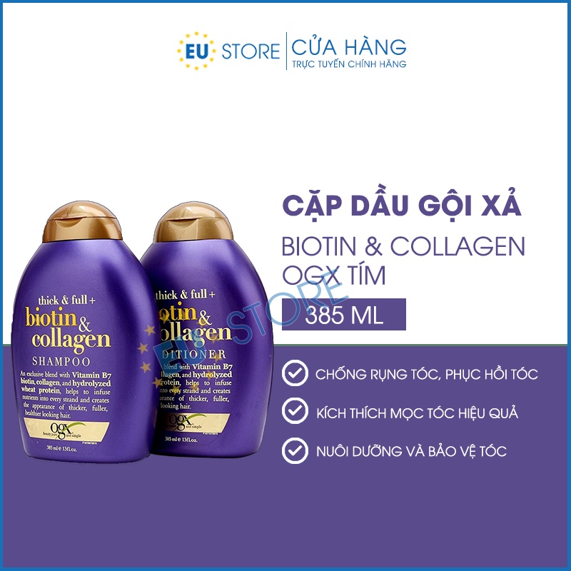 Dầu gội xả Biotin Collagen tím 385ml OGX + Viên uống Biotin Natrol 10000mcg giảm rụng tóc, giúp mọc tóc