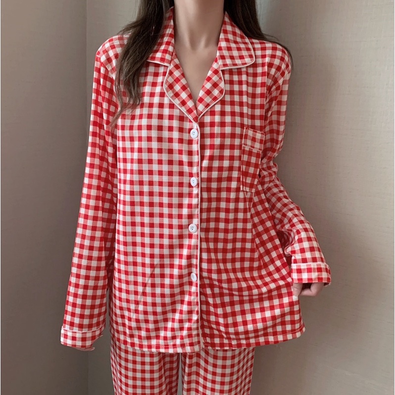 BỘ PIJAMA CHẤT ĐŨI XỐP HOẠ TIẾT KẺ Ô MẶC NHÀ XINH, Đồ Ngủ Thiết Kế Cao Cấp Nữ Thoải Mái