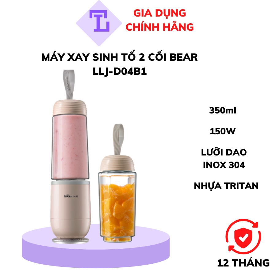 Máy xay sinh tố cầm tay Bear LLJ-D04B1, 3 màu cốc xay có nắp chống tràn công suất 150W nhỏ gọn ít tiếng ồn, BH 12 tháng