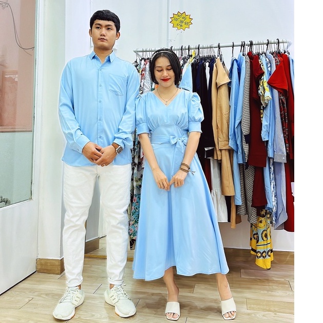 Có BIGSIZE nữ max 80kg nam max 100kg - Áo váy đôi nam nữ xanh biển xoè nhún - Đồ đôi Forever Couple Store