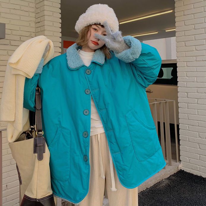 Áo Khoác Mùa Đông Hai Mặt Dày Dặn Màu Xanh Dương Phong Cách Hàn Quốc Mới Cho Nữ