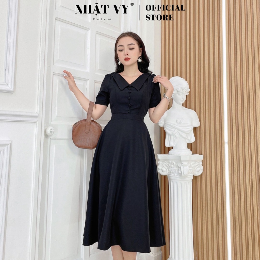 Váy Đi Tiệc NHẬT VY Đính Nút Ngắn Tay Cổ Chữ V Cài Khoá Kéo Màu Đen, Trắng, Đỏ - D2366