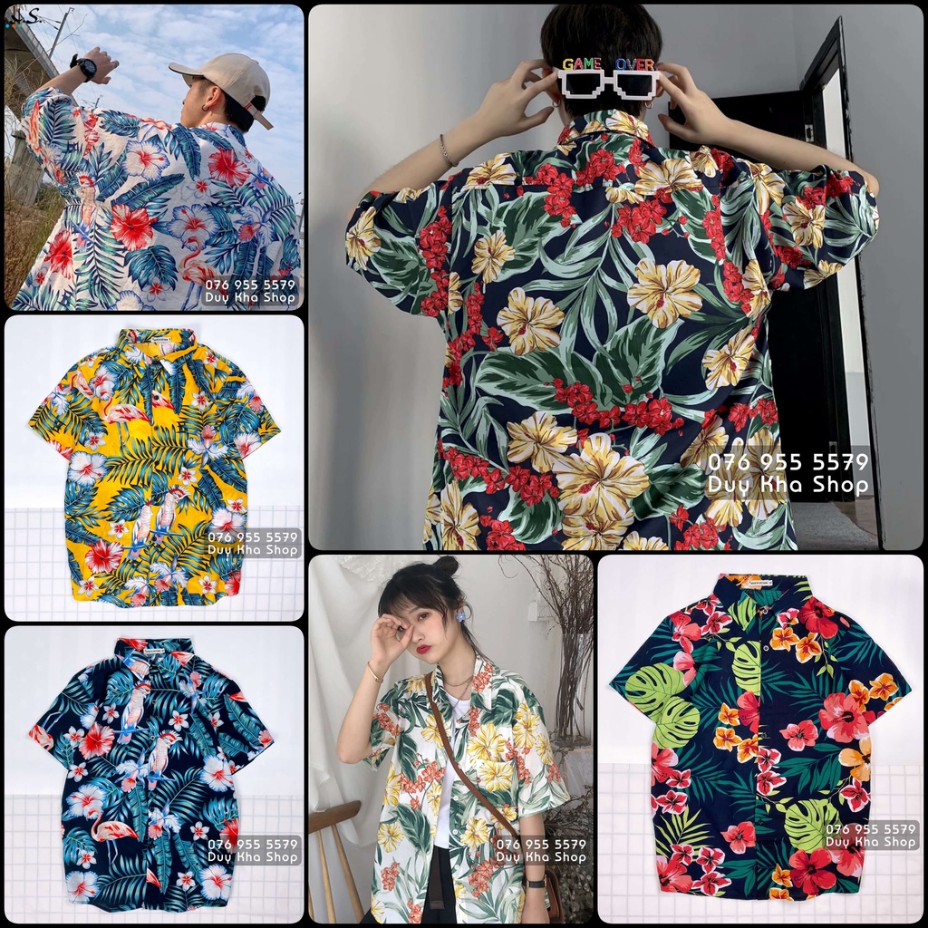 Áo Sơ Mi Hawaii Đi Biển Hoạ Tiết Bông Hoa Dăm Bụt