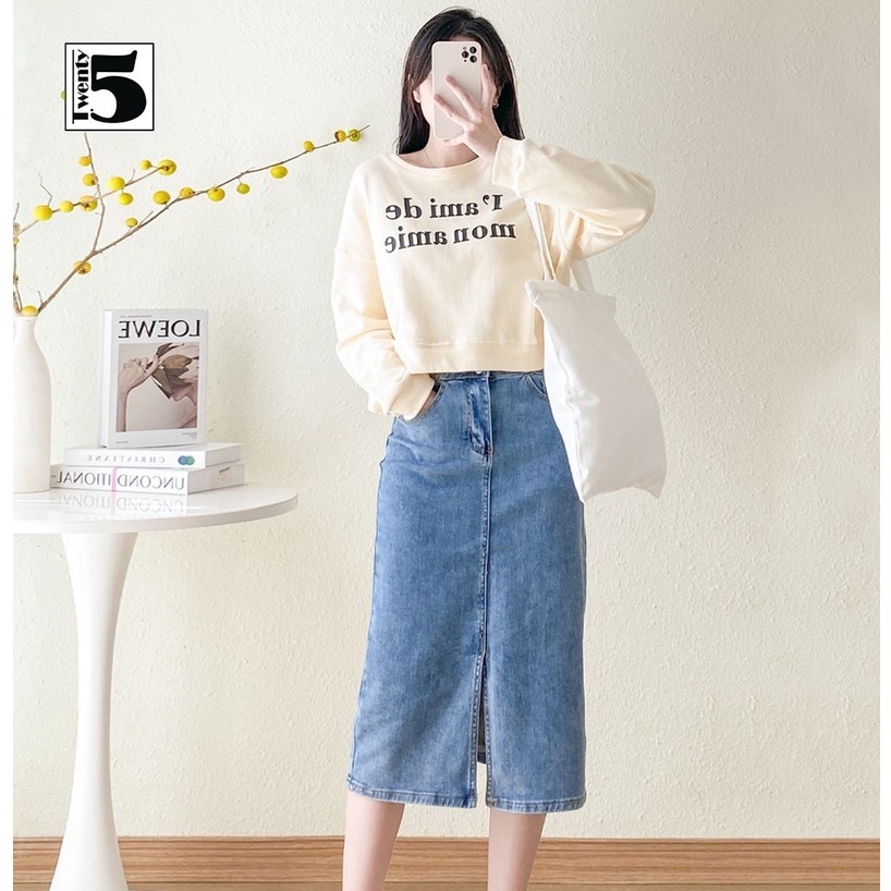 Chân váy jeans nữ dáng dài 2 cúc xẻ trước cạp cao co dãn Twentyfive 4091