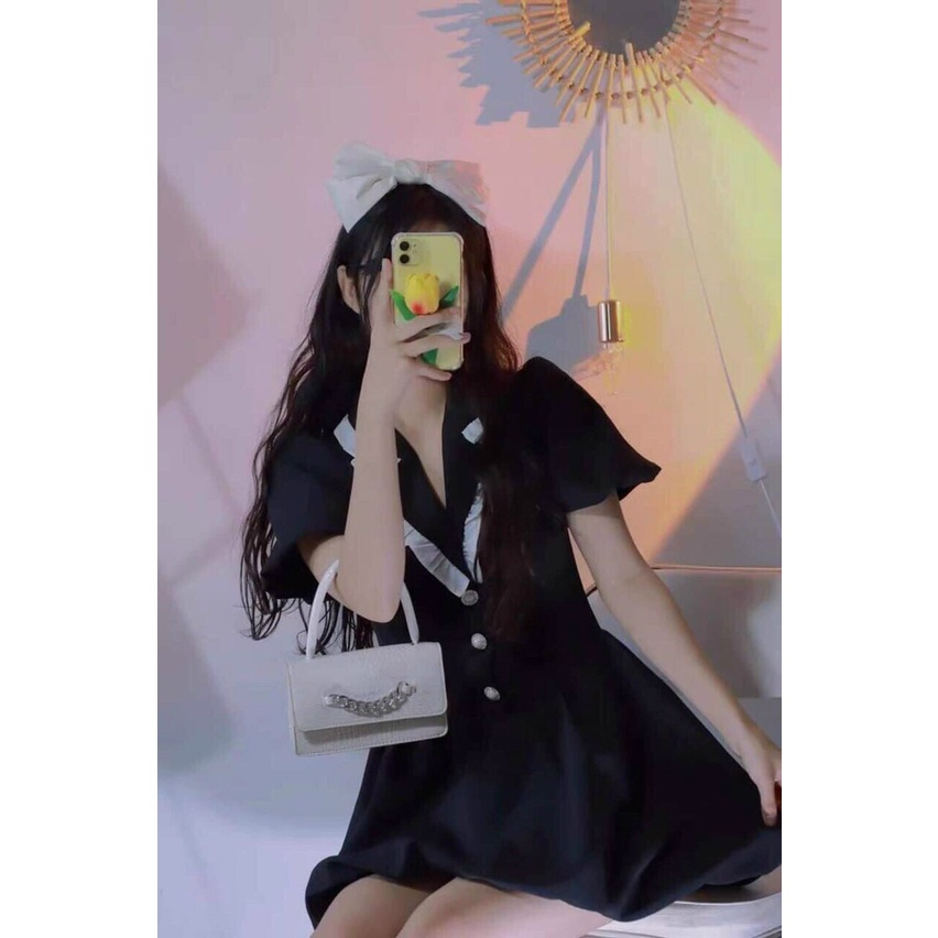 [11.11 Sale Freeship] Đầm đen nữ,thiết kế cổ đen phối trắng tay ngắn dáng xòe cổ V đính cúc đi chơi dạo phố cực xinh mtb