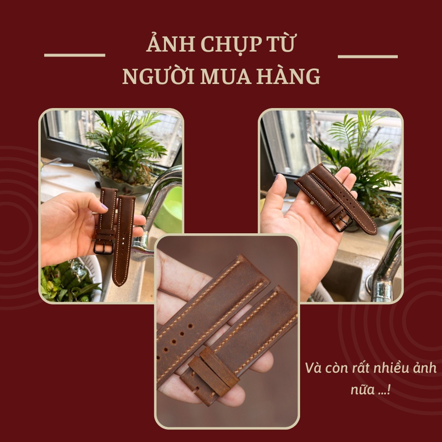 Dây Đồng Hồ Da Bò Nam 19mm 20mm 22mm 21mm 24mm, Da Thật, Handmade, Chống Nước, Chính Hãng, Màu Nâu Sáp, BH 12 Tháng