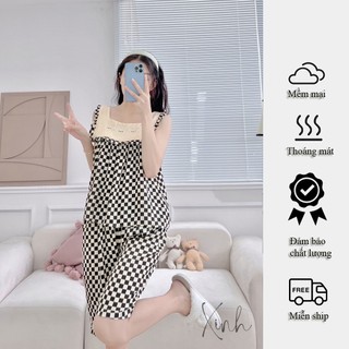 Đồ bộ nữ mặc nhà chất đũi bộ áo sát nách quần lửng hoạ tiết caro dễ thương