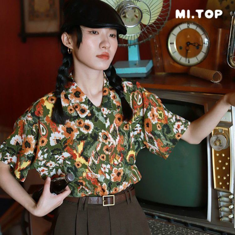 Áo Sơ Mi Tay Ngắn Dáng Rộng In Họa Tiết Phong Cách Retro Thời Trang Cho Nữ