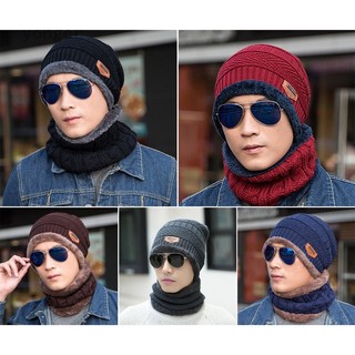 Winter Beanie Hat For Men Knitted Hat Thick Wool Neck Scarf Cap Balaclava Mask Bonnet Hats Set