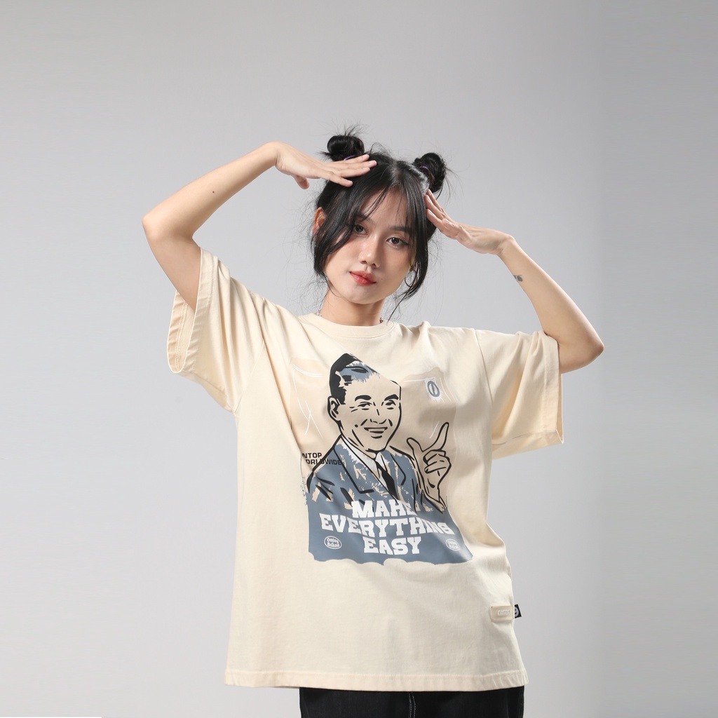 Áo thun local brand chính hãng tay lỡ form rộng nam nữ màu be ONTOP - Note O18-T7