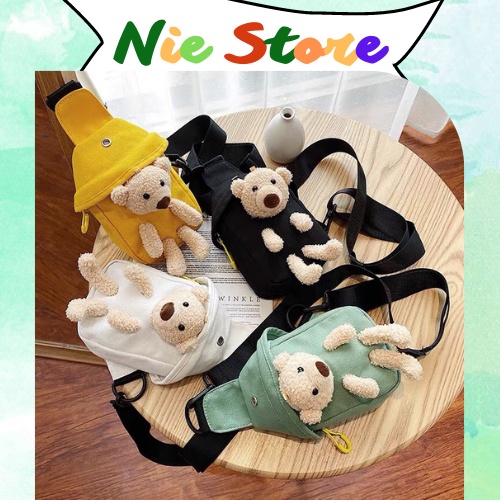 Túi Vải Canvas Đeo Chéo Có Gấu Bông Unisex Hàn Quốc - Túi Bao Tử Dễ Thương