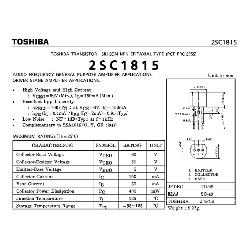 Điện Trở Âm Thanh Toshiba C1815-Y A1015-Y 2SC1815-Y / 2SA1015-Y Chất Lượng Cao