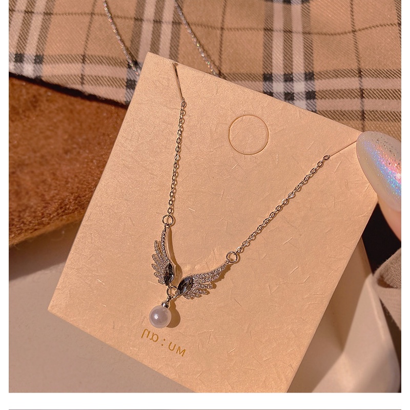 Vòng cổ Thép Titan Mặt Hình Đôi Cánh Nhỏ Đính Đá zircon Ngọc Trai Nhân Tạo Thời Trang Cho Nữ