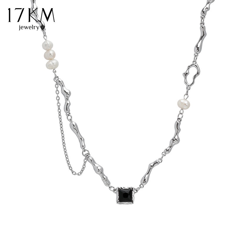 Vòng cổ mạ bạc / vàng 17KM Y2K mặt vuông đính ngọc trai nhân tạo phong cách thời trang