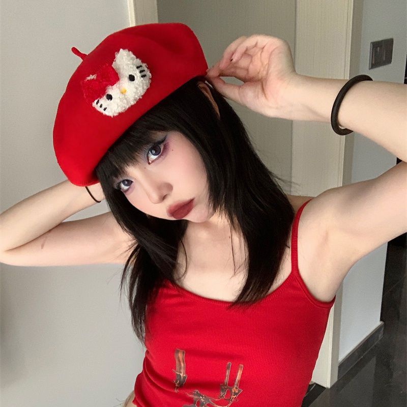 Millennium Y2k Spicy Girl Three-dimensional KT Hat Cute Beret Subculture Subby Painter Hat Hello Kitty Hat