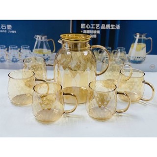 Bộ bình 6 cốc thủy tinh cao cấp, bộ bình cốc màu vàng vân trám