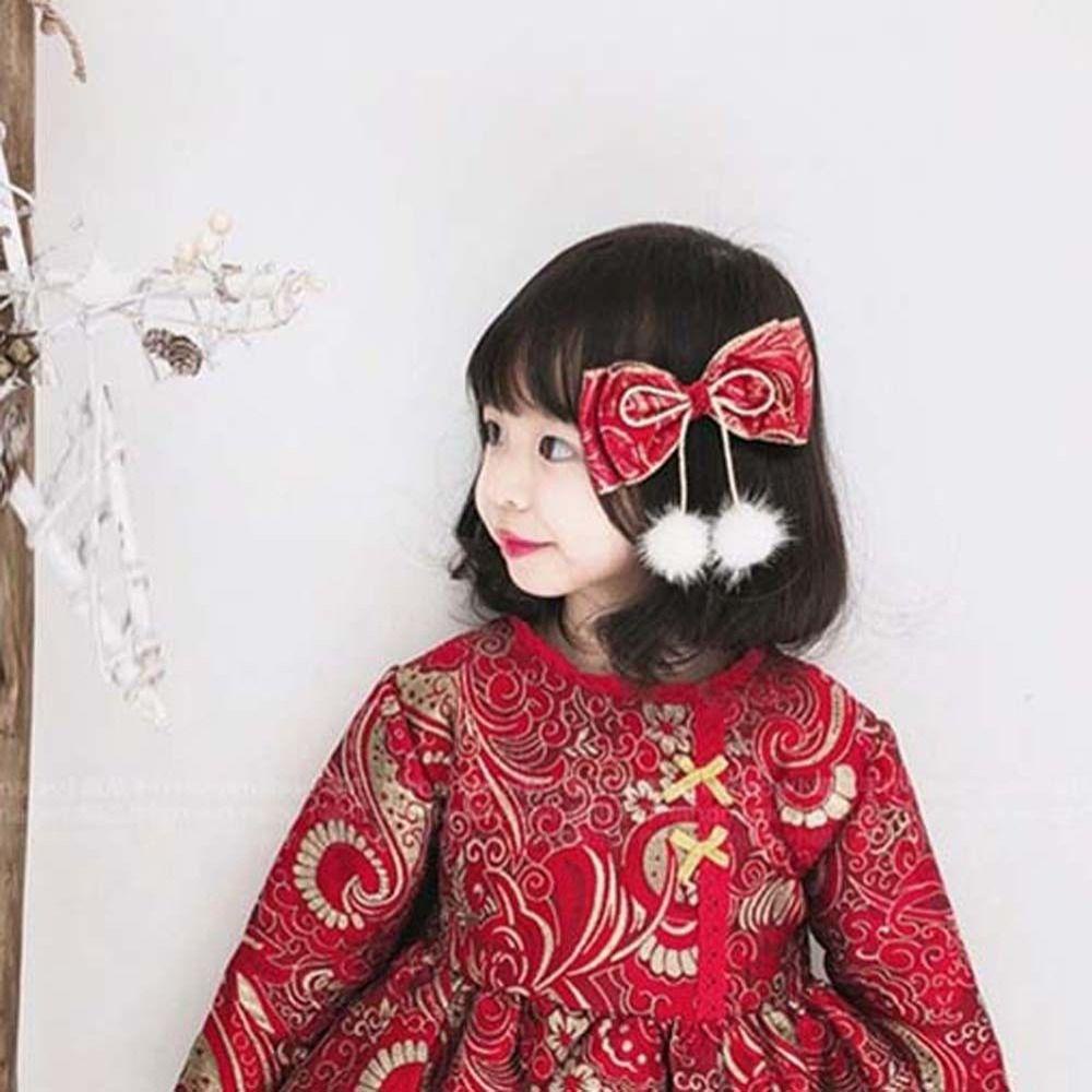 Kẹp Tóc Nơ Phối Lông Tua Rua Kiểu Năm Mới Trung Hoa Cho Bé Gái