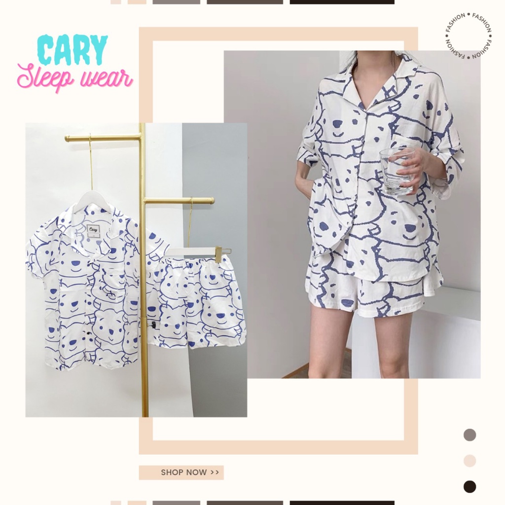 Bộ ngủ nữ CARY, set pijama mặc nhà cộc tay quần đùi họa tiết hoạt hình dễ thương