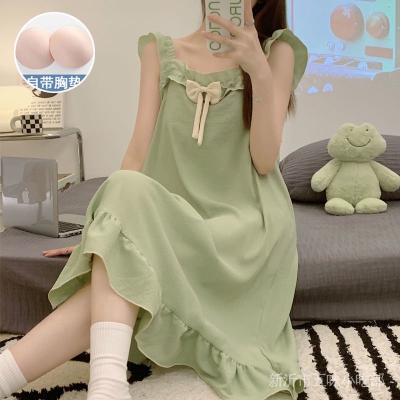 Đầm Ngủ Cotton Hai Dây Mỏng Mùa Hè 2022 Có Đệm Ngực Cho Nữ