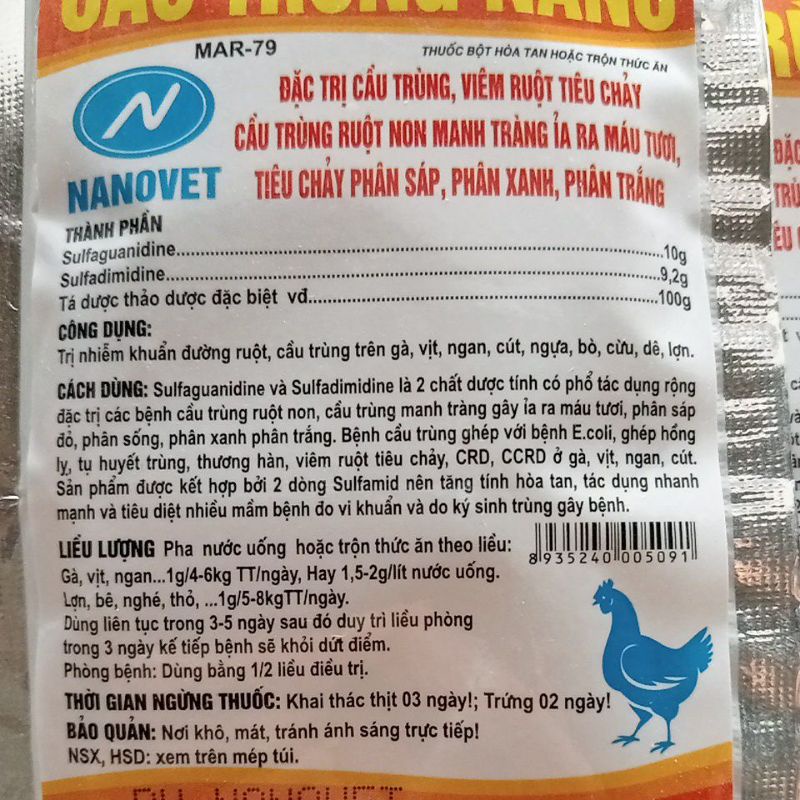 Cầu trùng viêm ruột tiêu chảy, ỉa ra máu tươi, phân sáp, phân xanh trắng 10g