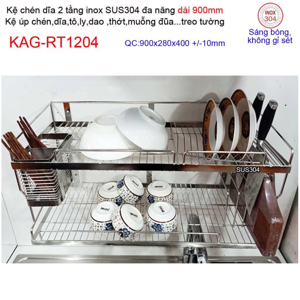 Kệ úp chén dĩa 2 tầng 90cm đa năng inox 304, kệ chén dĩa 2 tầng inox KAG-RT1204