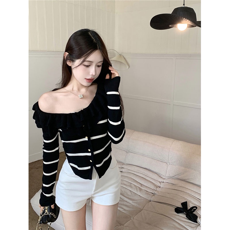 Áo Thun Tay Dài Hở Vai Họa Tiết Kẻ Sọc Thời Trang Hàn Quốc Dành Cho Nữ