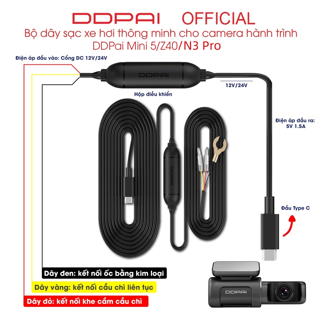 Bộ dây sạc xe hơi cho camera hành trình DDPai Mini/ Mini 5/ N3 / N3 Pro / Z40 / Điện áp đầu vào 12V/ 24V | BigBuy360 - bigbuy360.vn
