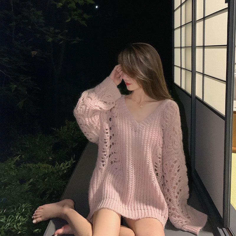 Jiashuchengv Áo Sweater Dáng Rộng Khoét Lỗ Rỗng Phong Cách Xuân Thu Mới Dễ Phối Đồ Cho Nữ