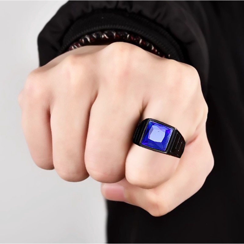 Nhẫn Cưới Thép Titan Đính Đá Xanh Đen Thời Trang Cho Nam