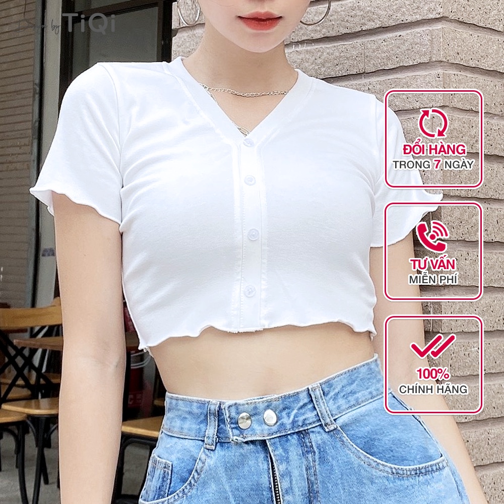 Áo croptop thun tay ngắn cổ tròn nút giữa nhiều màu TiQi Jeans A102