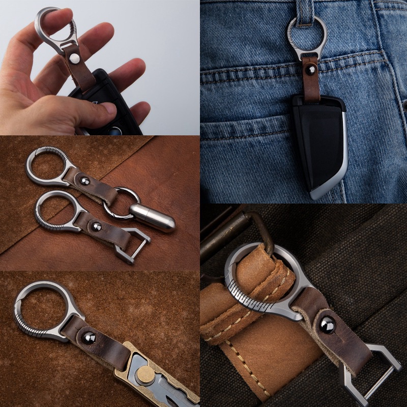 Titanium Alloy Keychain Car Keychain Pendant Cowhide Strap Pendant EDC Tool Men's Gift Gift