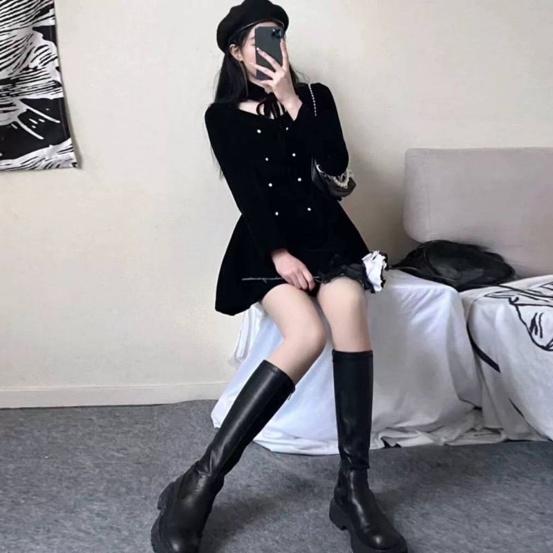 ĐẦM NHUNG ĐEN TAY DÀI CỘT NƠ CỔ CUTOUT NGỰC