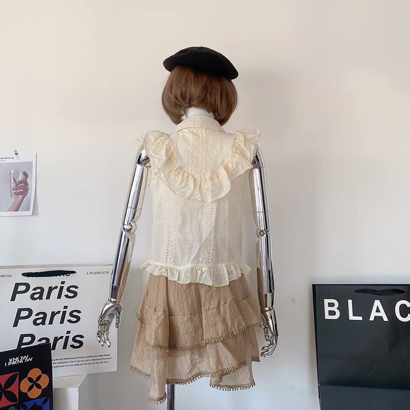 Set Áo Sơ Mi Tay Bèo + Chân Váy Màu Nâu Ngọt Ngào Thời Trang Mùa Hè Cho Nữ