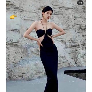 đầm yếm khoen vuông ngưc khoét hở 2 bên eo dáng dài chất gân xịn đẹp