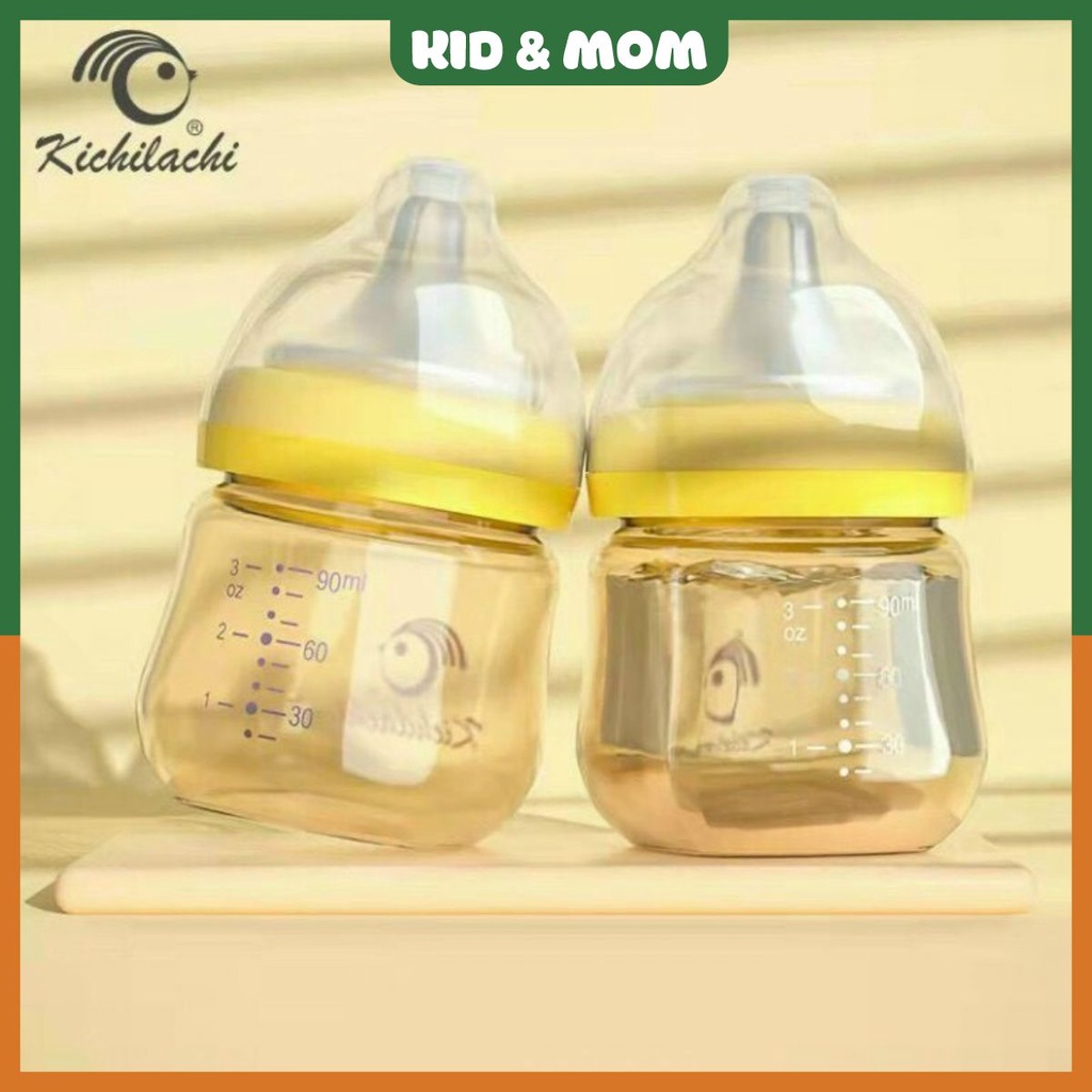 Bình sữa sơ sinh cổ rộng PPSU Kichilachi 90ml/160ml/260ml tặng kèm núm ti siêu mềm chống sặc và đầy hơi cho bé
