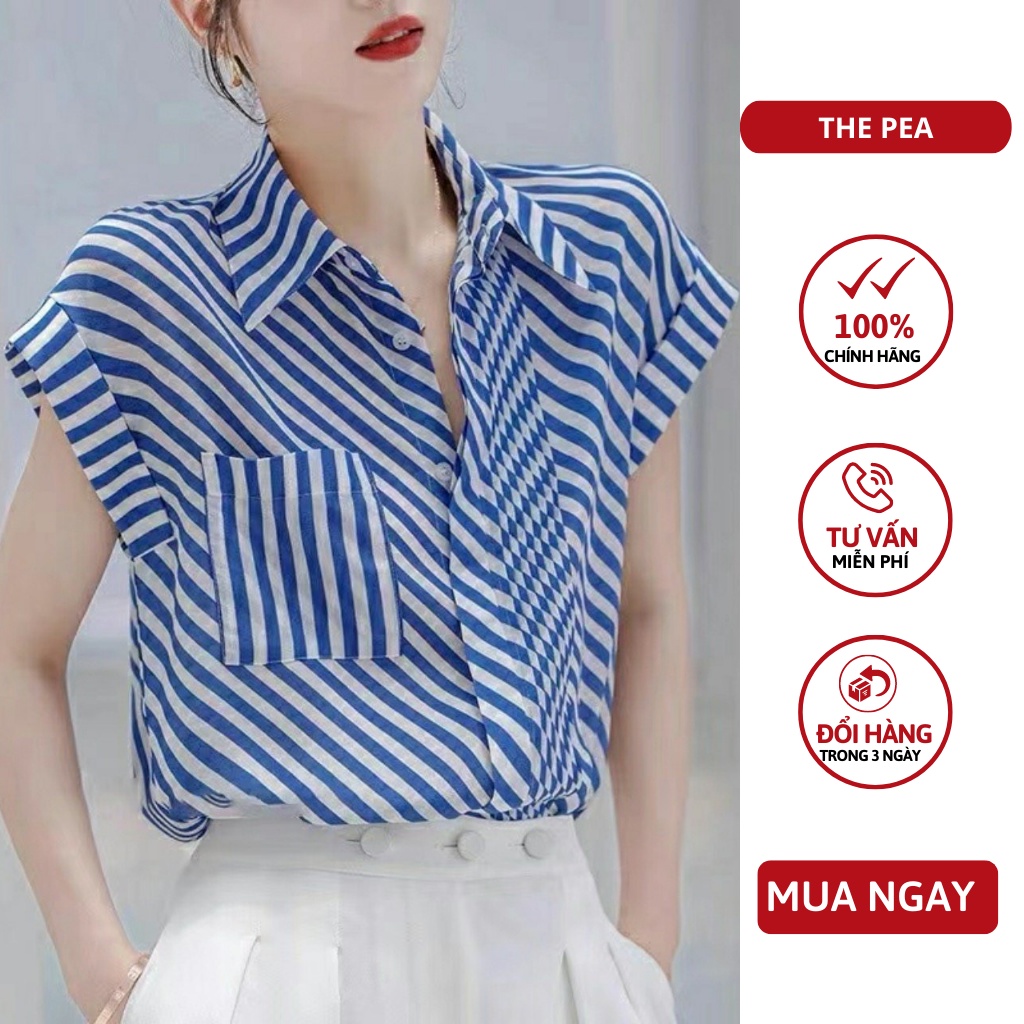Áo sơ mi nữ tay cánh dơi, họa tiết kẻ sọc xanh trắng trẻ trung, năng động chất đẹp không bai xù THE PEA - A1004