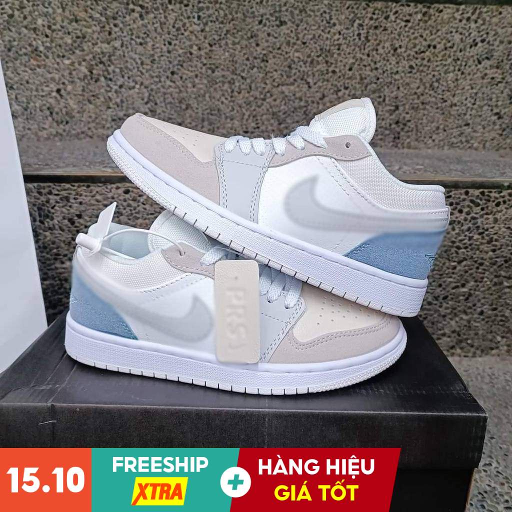 Giày Jordan Cổ Thấp Paris Màu Xám Gót Xanh Nam Nữ, Giày Jordan 1 Low paris Xám Nhạt Bản Đặc Biệt