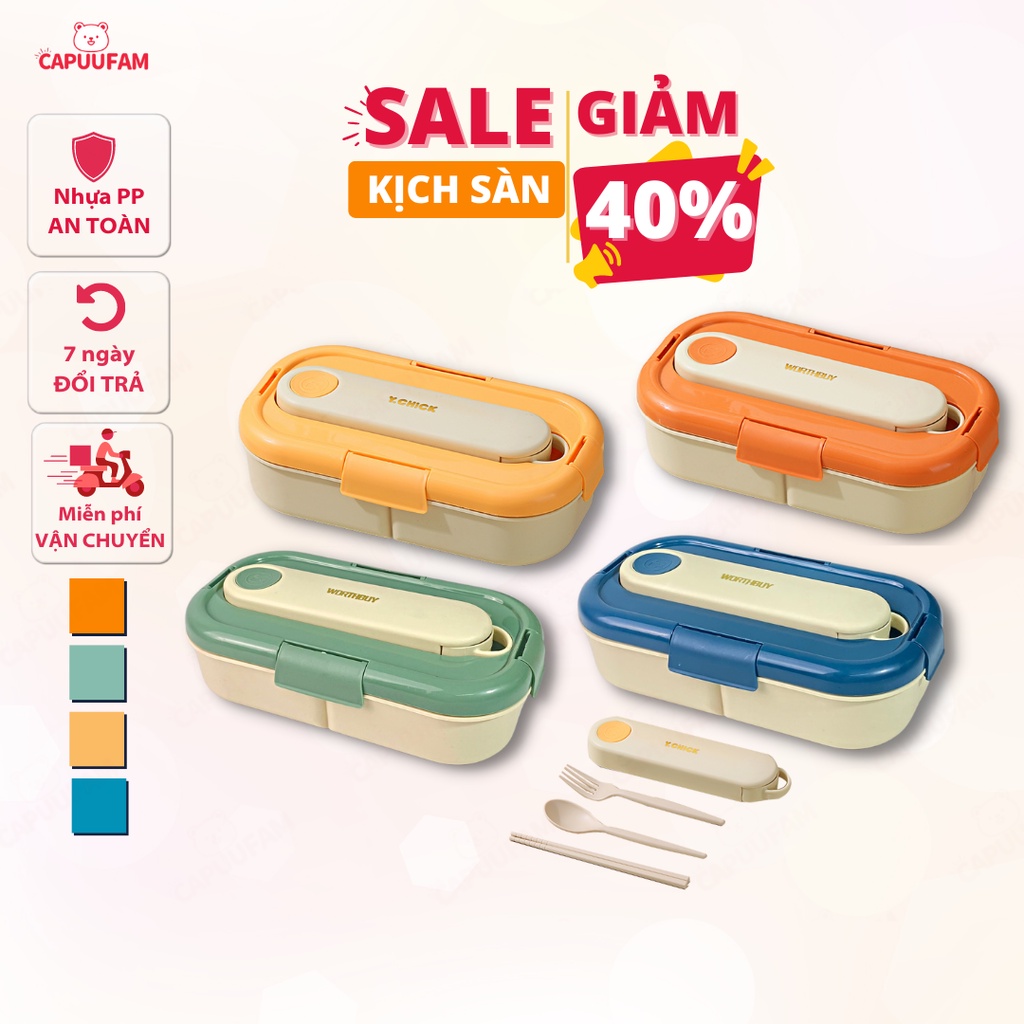 Hộp cơm giữ nhiệt văn phòng CAPUUFAM 3 ngăn sử dụng được lò vi sóng, hộp cơm bento kiểu Nhật giá rẻ