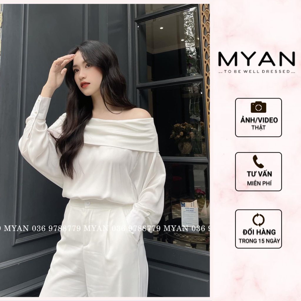 Áo Trễ Vai Dài Tay Lụa MYAN Thiết Kế Áo Kiểu Sơ Mi Màu Trơn Trắng, Xanh Dương, Bơ, Be, Đen AVN082101