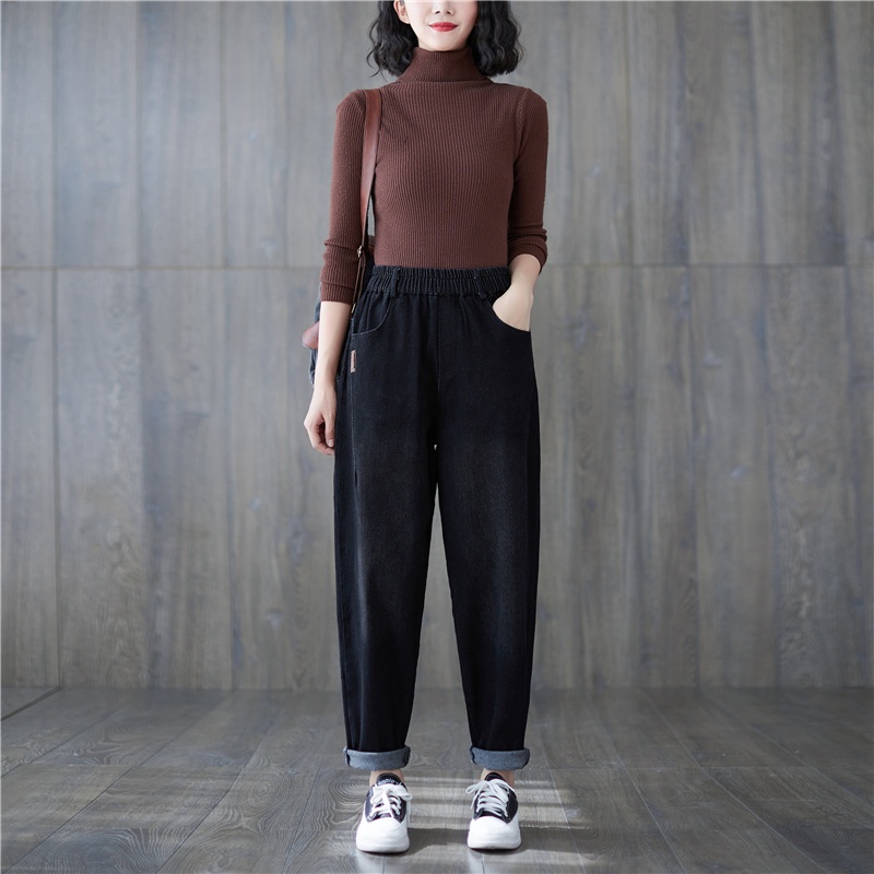 CÓ SẴN SIZE M B375 Quần bò bigsize cạp chun dáng suông màu đen đơn giản