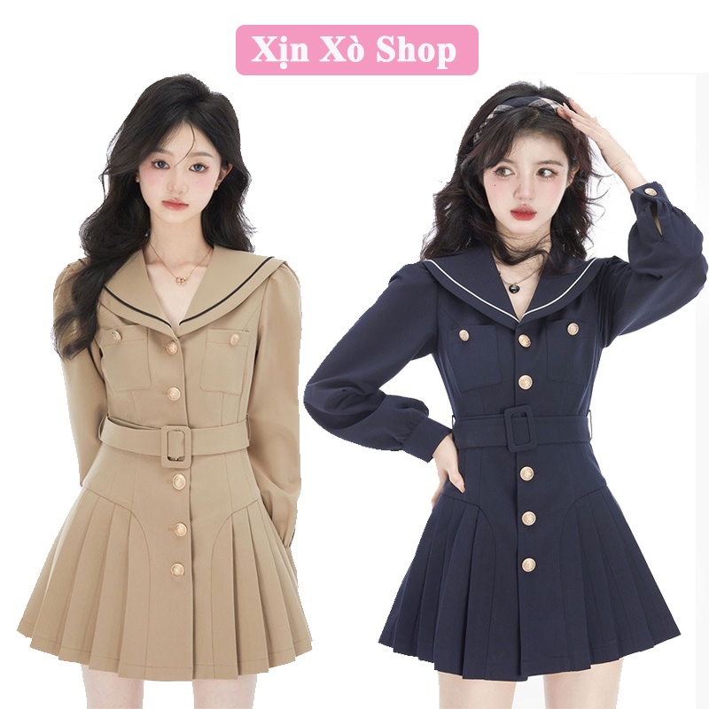 Váy Liền Thân Cổ Thủy Thủ Xếp Ly Kèm Đai Lưng Thời Trang Nữ Mẫu Mới Thu Đồng