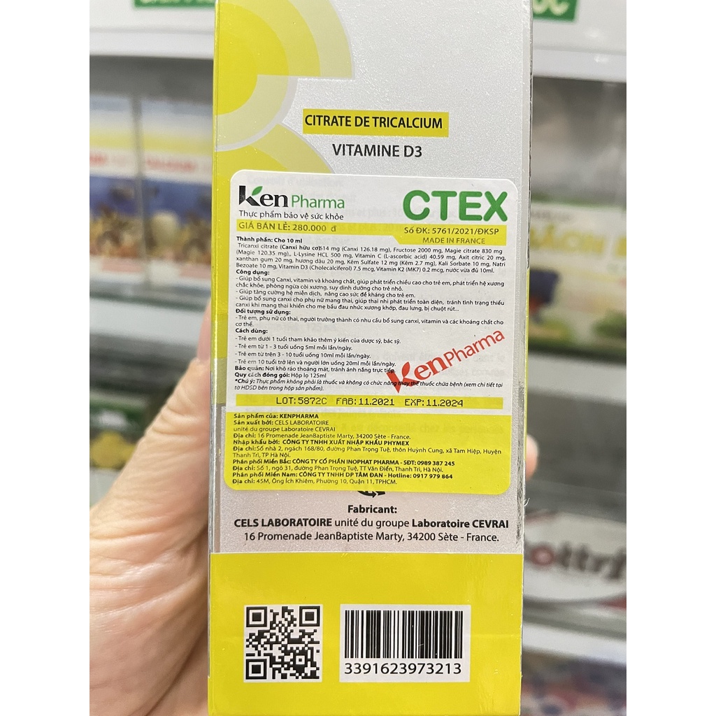 Siro canxi hữu cơ CTEX Citrate De Tricalcium D3 giúp bổ sung canxi vitamin khoáng chất phát triển chiều cao 125ml
