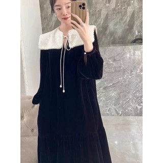Váy nhung babydoll dáng dài phối cổ lông trắng - Elisa Store