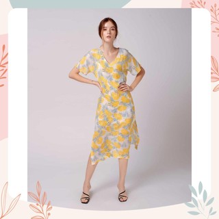 Đầm hoạ tiết nữ YV LE & CO vải Rayon màu vàng gọn gàng, sang trọng