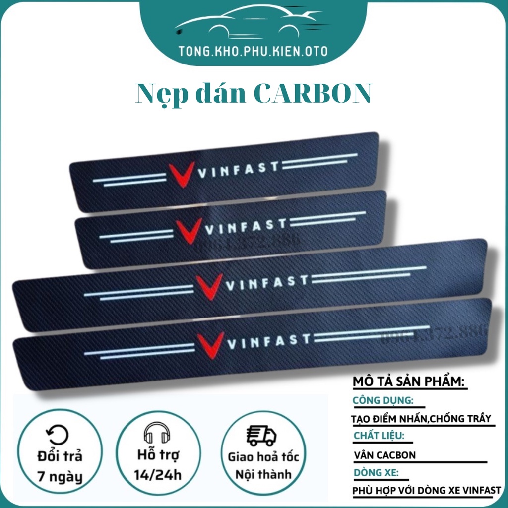 Nẹp dán Carbon ốp chống trầy Bậc Cửa, nẹp chân, trầy cốp xe Logo Vinfast: Fadil, lux A, Lux SA, VFE34, E34