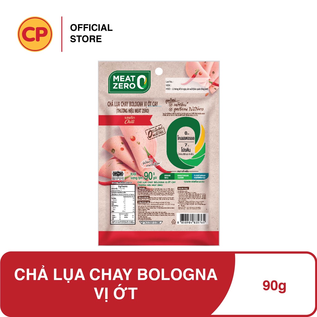 CP Chả Lụa Chay Vị Ớt Cao Cấp Bologna Meat Zero - 90g - Thực Phẩm Chay Cao Cấp, Nhập Khẩu Trực Tiếp Từ Thái Lan