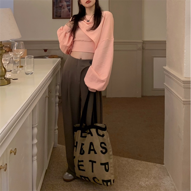 Áo sweater Mỏng Dáng Rộng Thiết Kế Mới Hàn Quốc Cá Tính Hở Rốn Màu Xám Cho Nữ